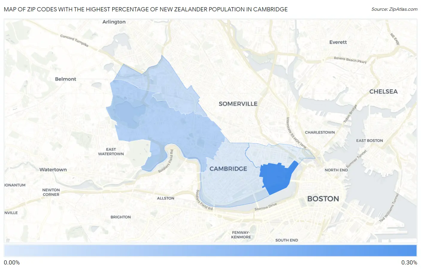 Zip Codes with the Highest Percentage of New Zealander Population in Cambridge Map