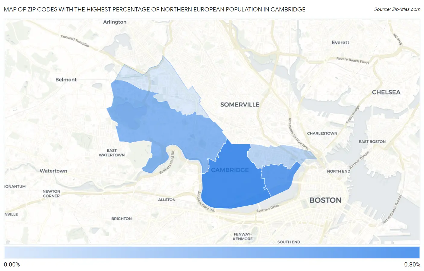 Zip Codes with the Highest Percentage of Northern European Population in Cambridge Map