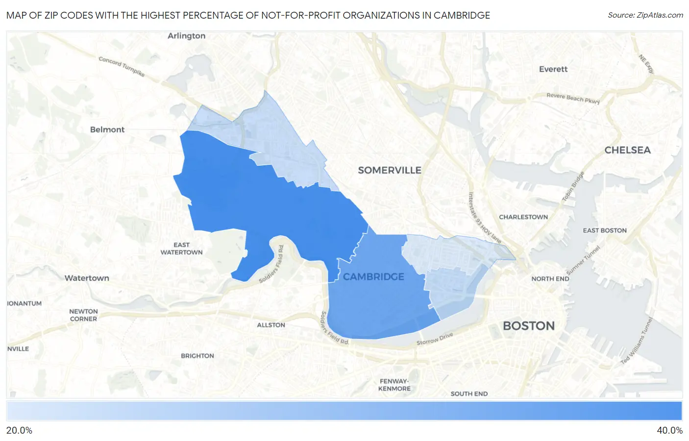Zip Codes with the Highest Percentage of Not-for-profit Organizations in Cambridge Map