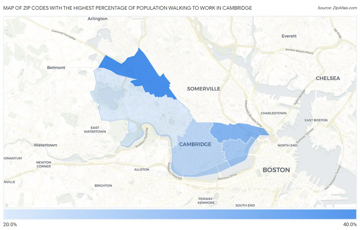 Zip Codes with the Highest Percentage of Population Walking to Work in Cambridge Map