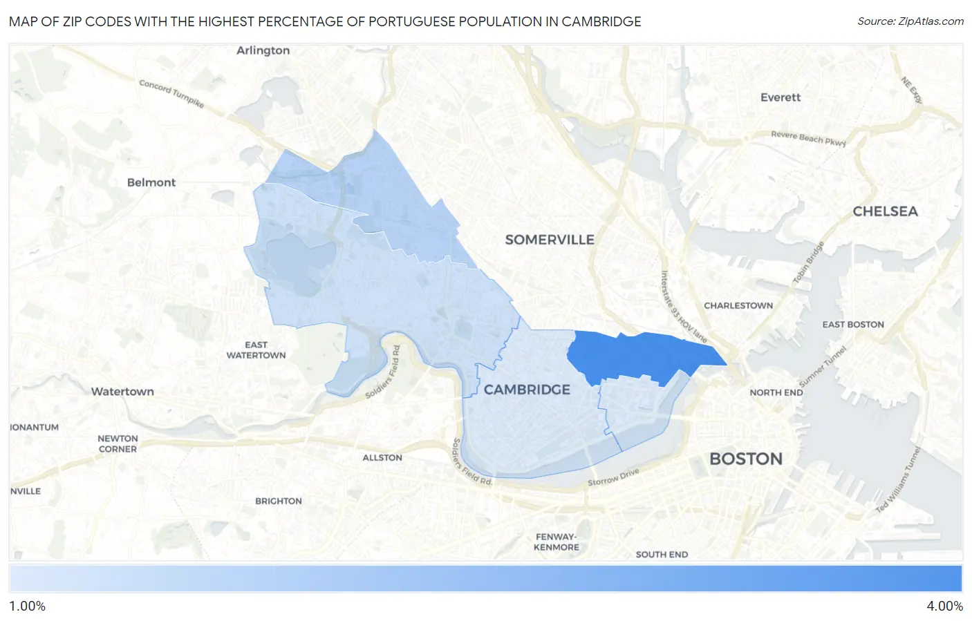 Zip Codes with the Highest Percentage of Portuguese Population in Cambridge Map