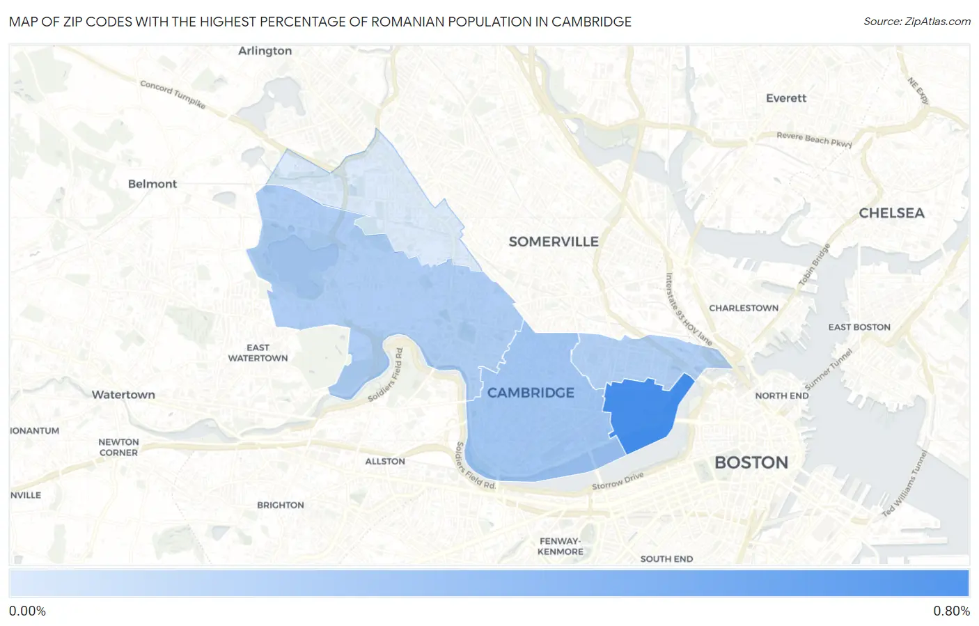 Zip Codes with the Highest Percentage of Romanian Population in Cambridge Map