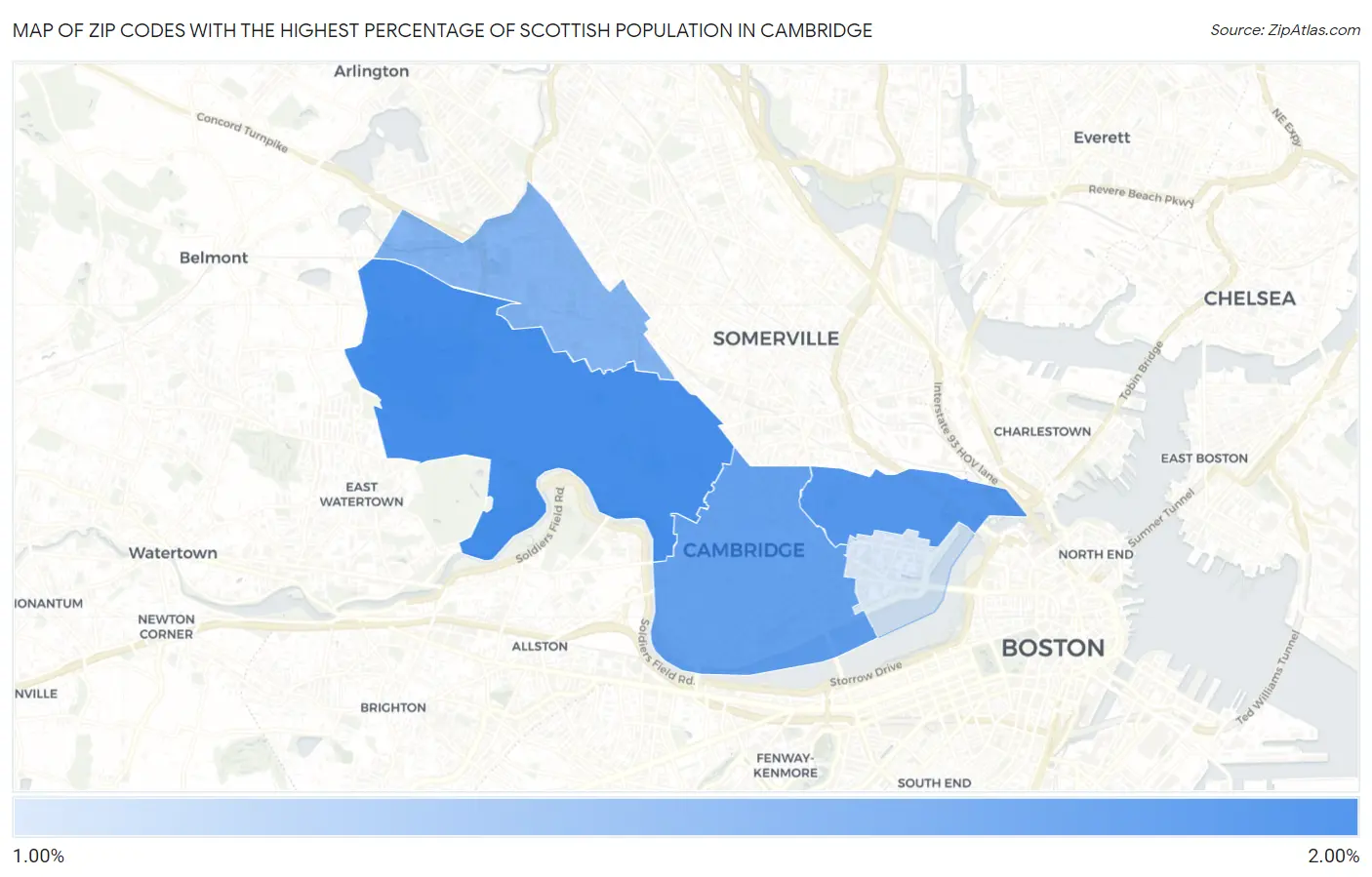 Zip Codes with the Highest Percentage of Scottish Population in Cambridge Map