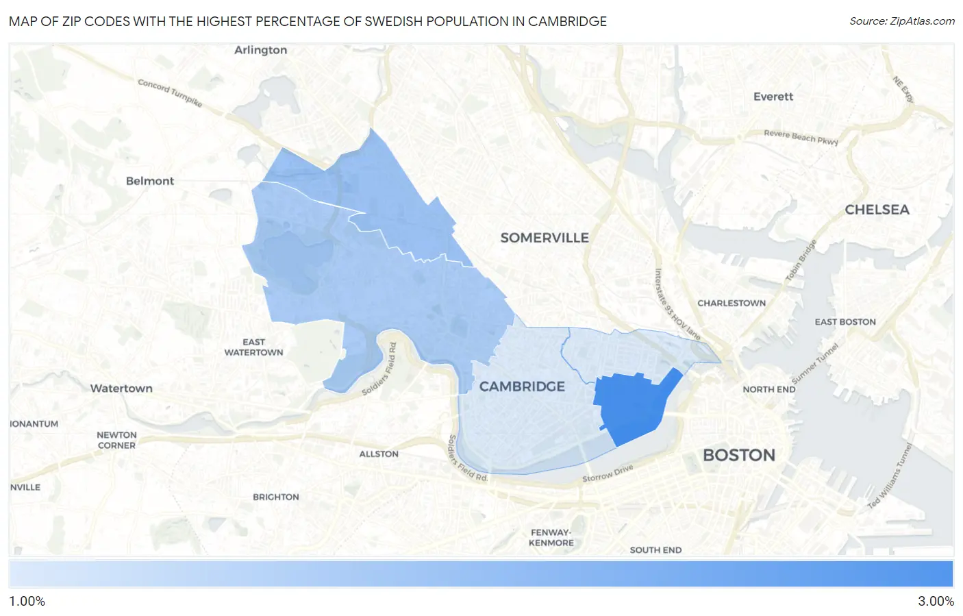 Zip Codes with the Highest Percentage of Swedish Population in Cambridge Map