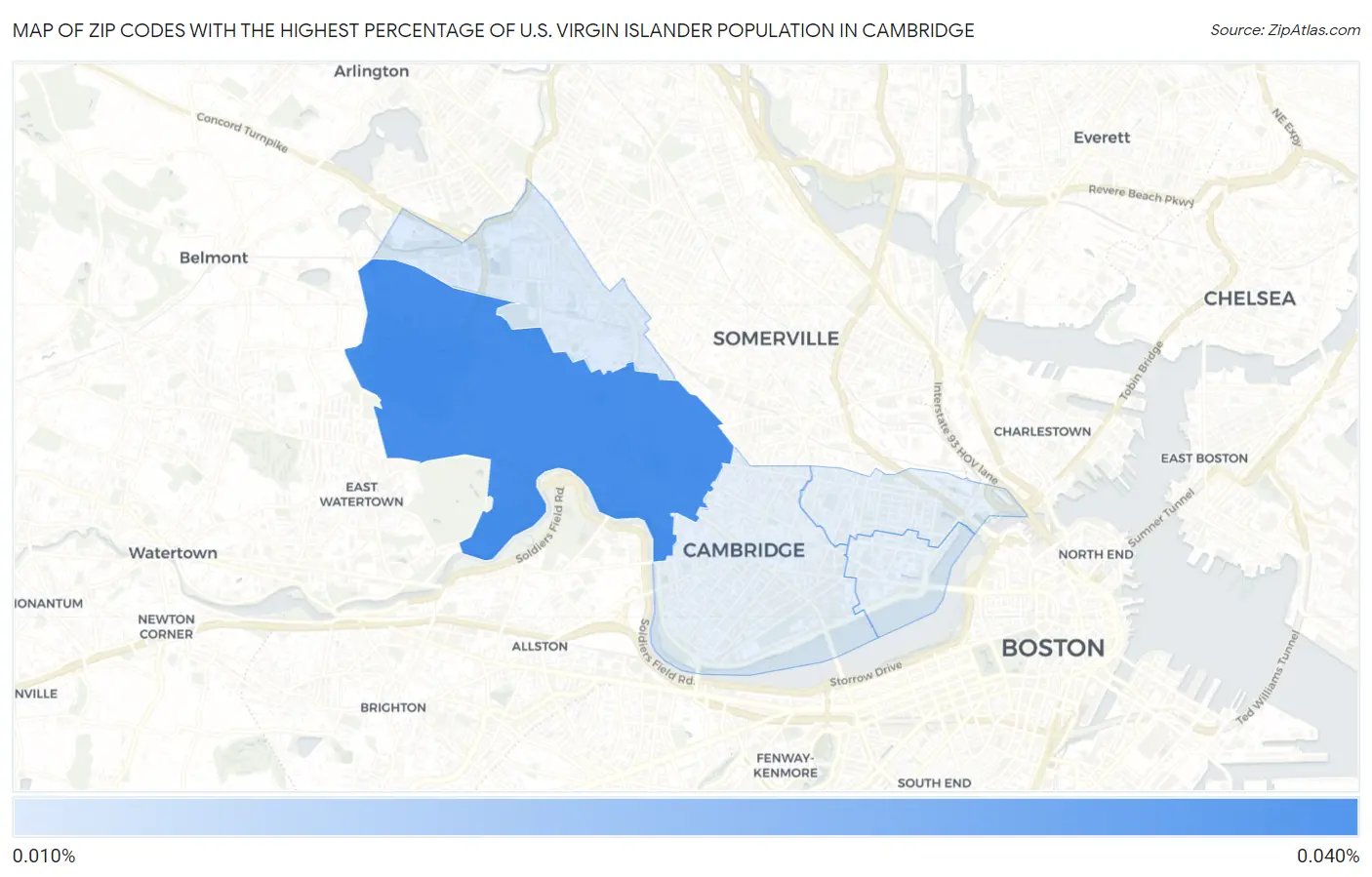 Zip Codes with the Highest Percentage of U.S. Virgin Islander Population in Cambridge Map
