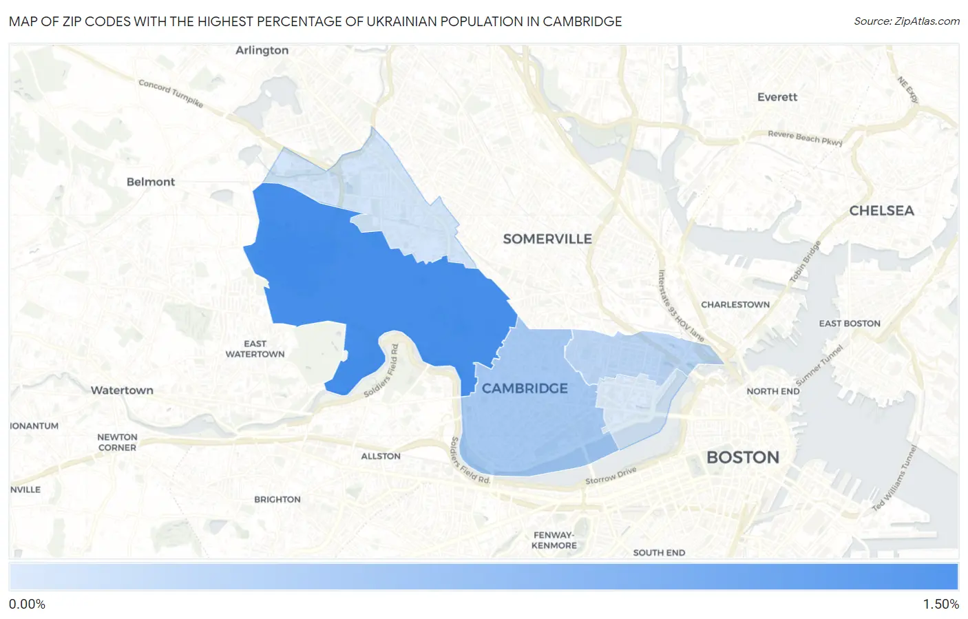 Zip Codes with the Highest Percentage of Ukrainian Population in Cambridge Map