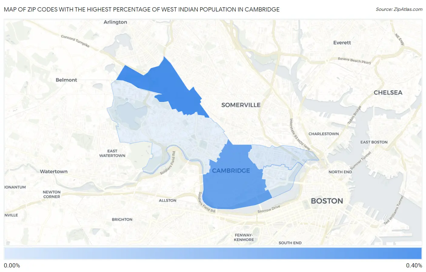 Zip Codes with the Highest Percentage of West Indian Population in Cambridge Map