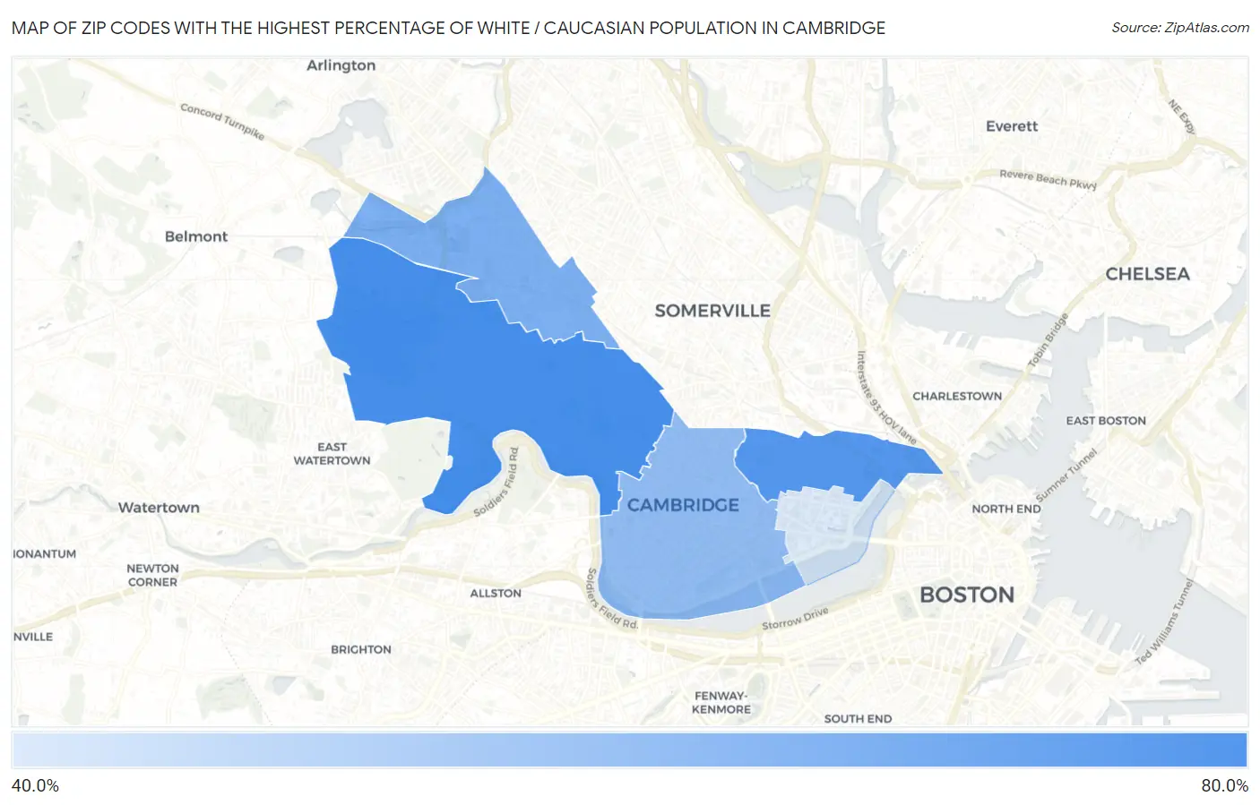 Zip Codes with the Highest Percentage of White / Caucasian Population in Cambridge Map