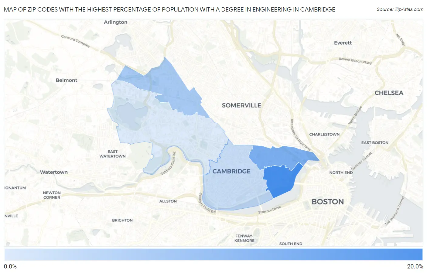 Zip Codes with the Highest Percentage of Population with a Degree in Engineering in Cambridge Map