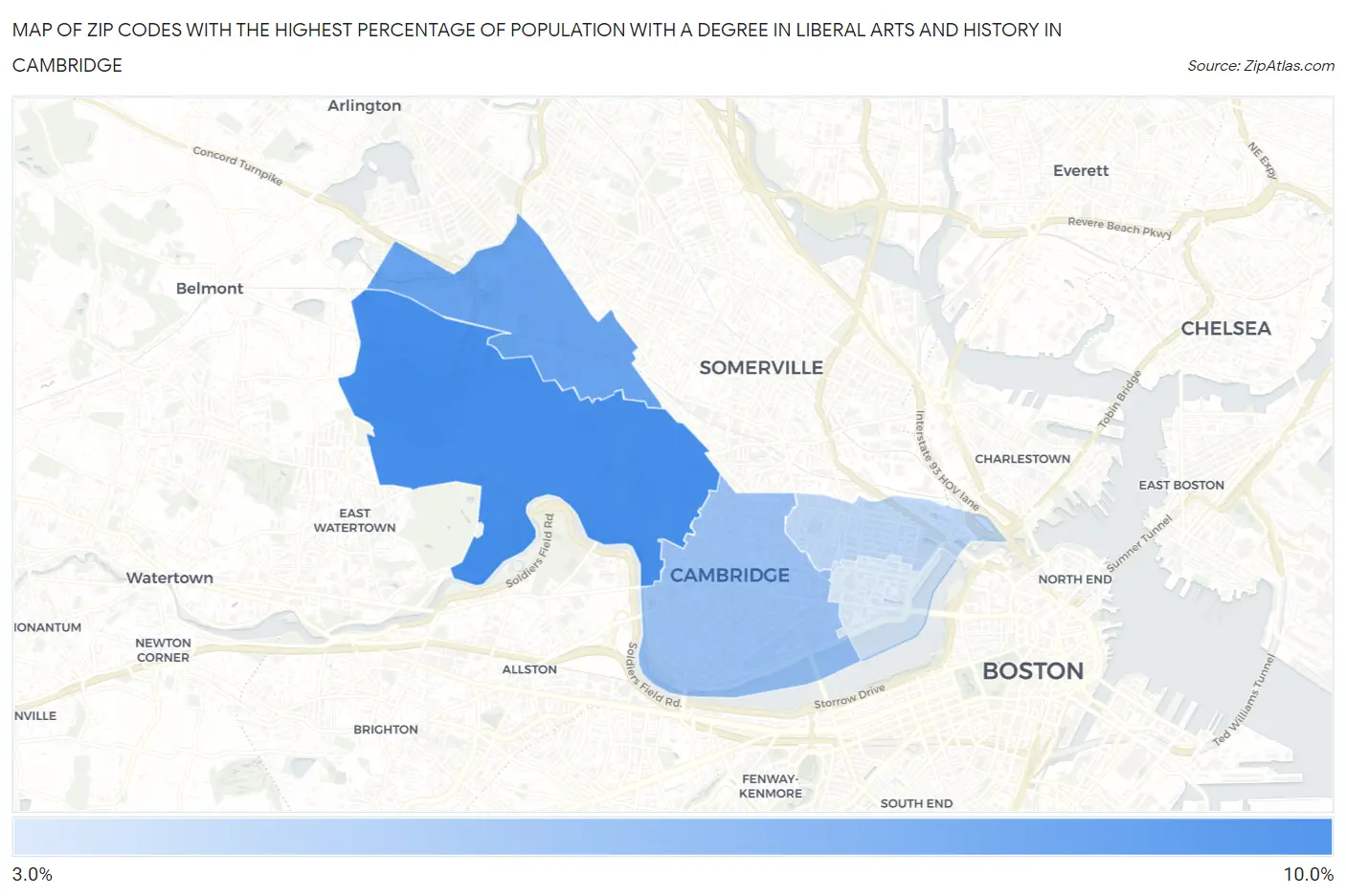 Zip Codes with the Highest Percentage of Population with a Degree in Liberal Arts and History in Cambridge Map