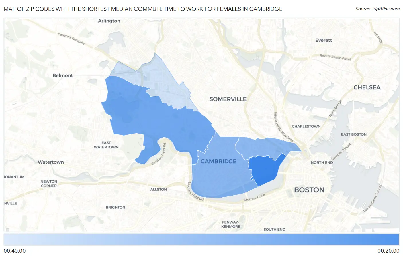 Zip Codes with the Shortest Median Commute Time to Work for Females in Cambridge Map