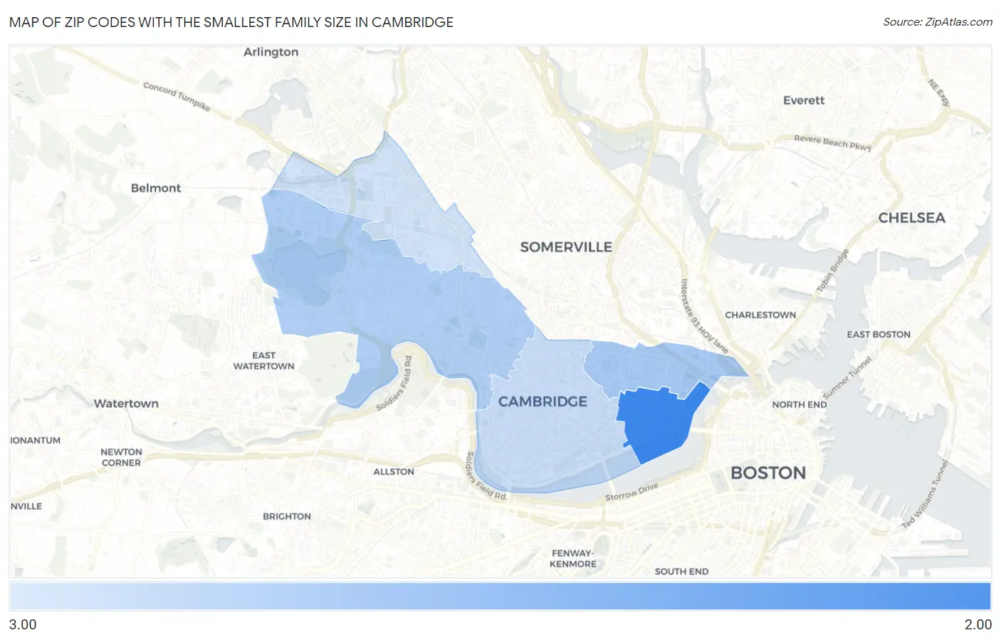 Zip Codes with the Smallest Family Size in Cambridge Map