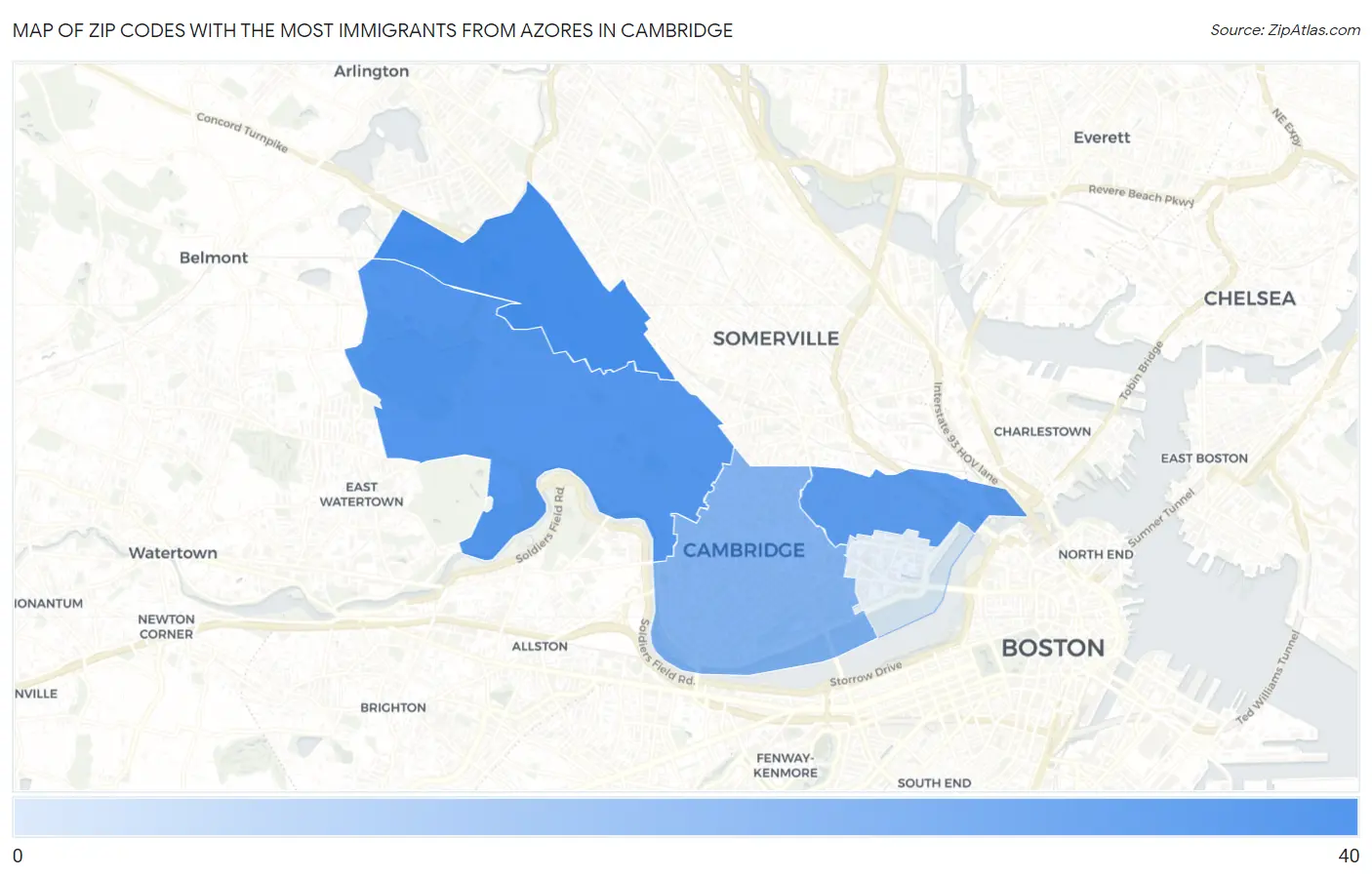 Zip Codes with the Most Immigrants from Azores in Cambridge Map