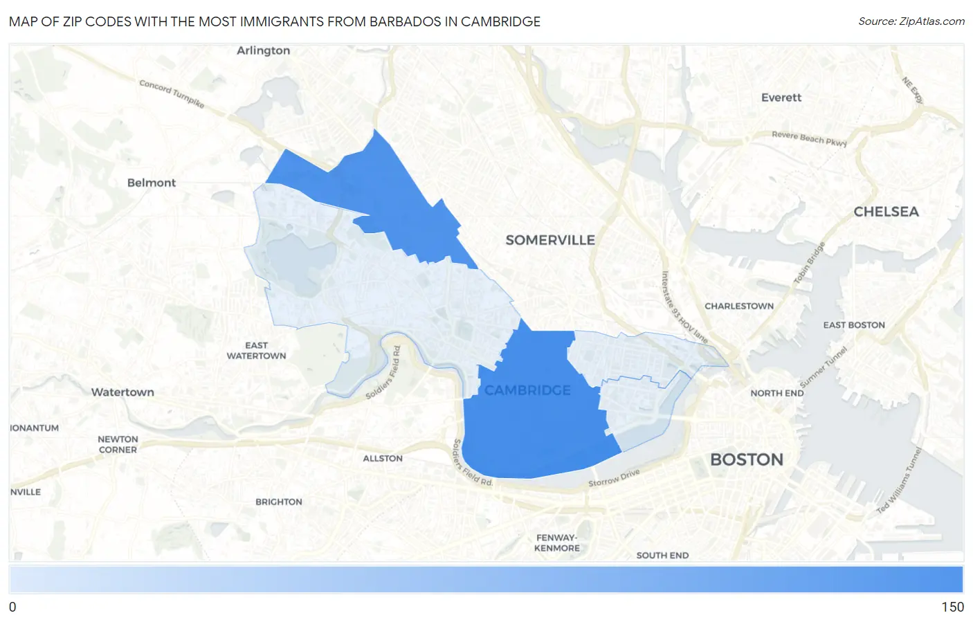 Zip Codes with the Most Immigrants from Barbados in Cambridge Map