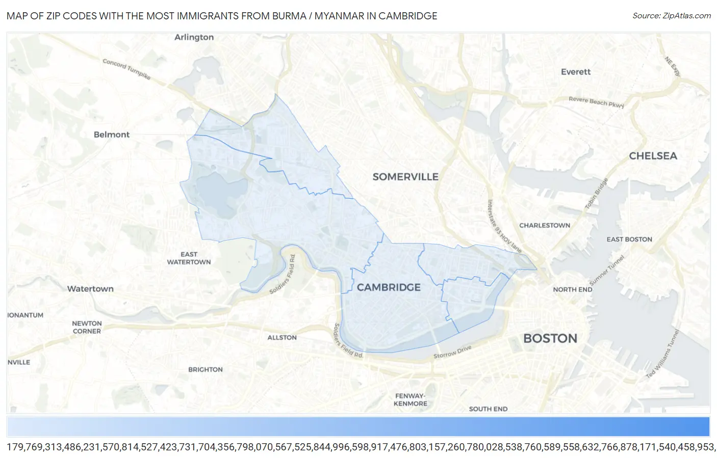 Zip Codes with the Most Immigrants from Burma / Myanmar in Cambridge Map