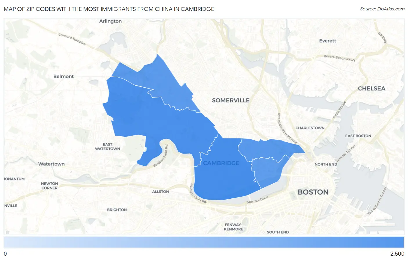 Zip Codes with the Most Immigrants from China in Cambridge Map