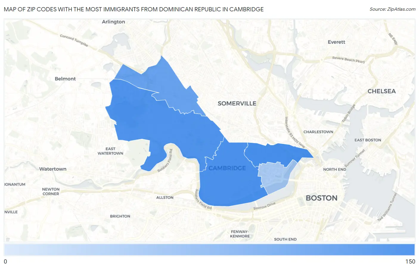 Zip Codes with the Most Immigrants from Dominican Republic in Cambridge Map