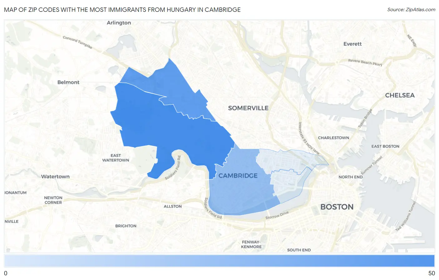 Zip Codes with the Most Immigrants from Hungary in Cambridge Map