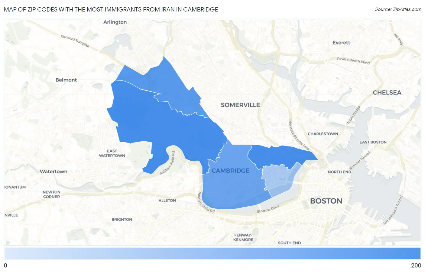 Zip Codes with the Most Immigrants from Iran in Cambridge Map