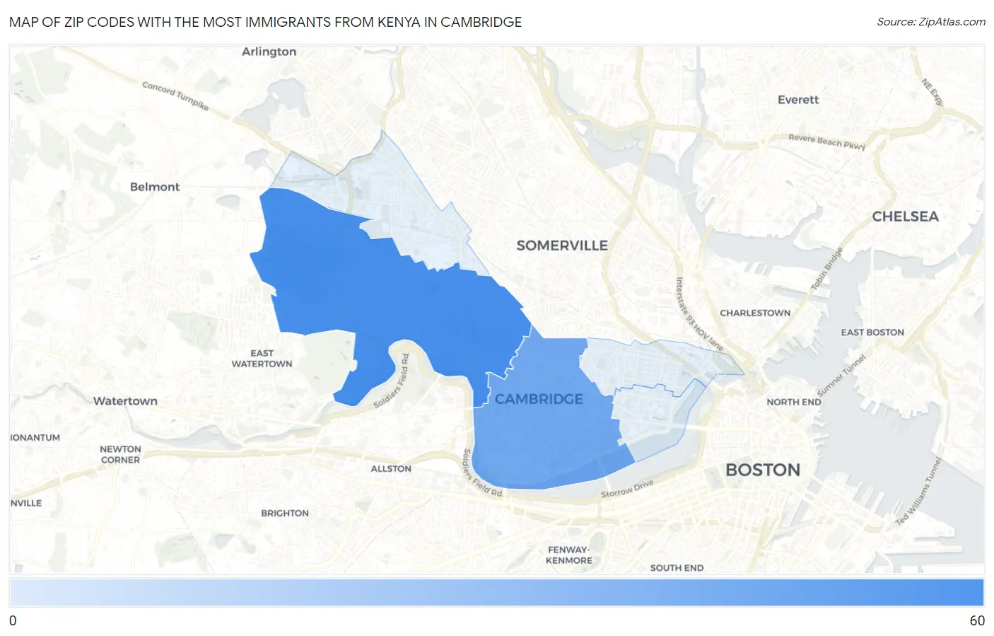 Zip Codes with the Most Immigrants from Kenya in Cambridge Map