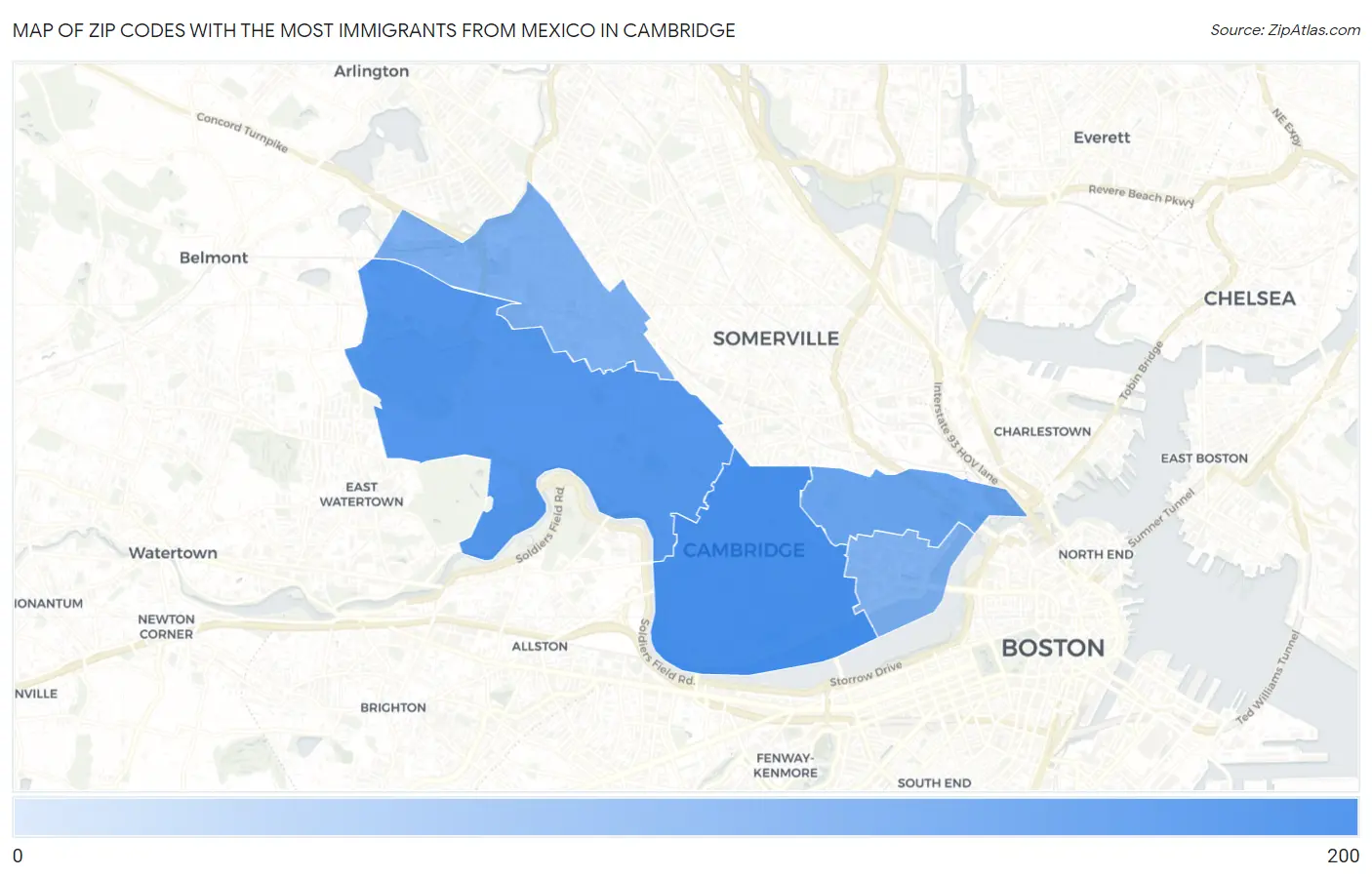 Zip Codes with the Most Immigrants from Mexico in Cambridge Map