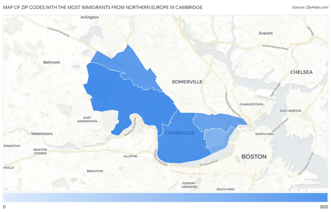 Zip Codes with the Most Immigrants from Northern Europe in Cambridge Map