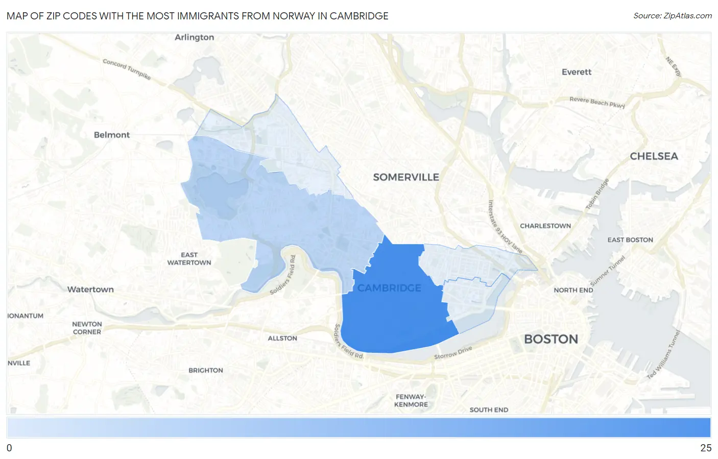 Zip Codes with the Most Immigrants from Norway in Cambridge Map