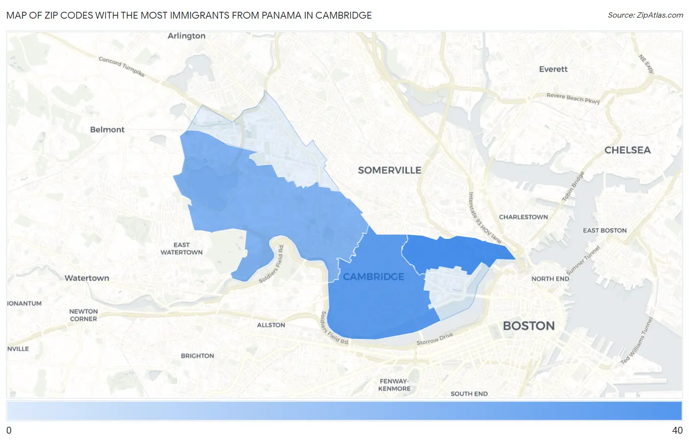 Zip Codes with the Most Immigrants from Panama in Cambridge Map
