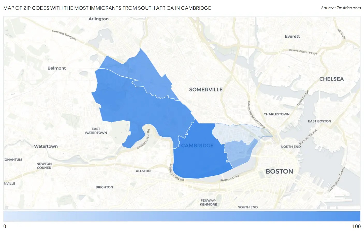 Zip Codes with the Most Immigrants from South Africa in Cambridge Map