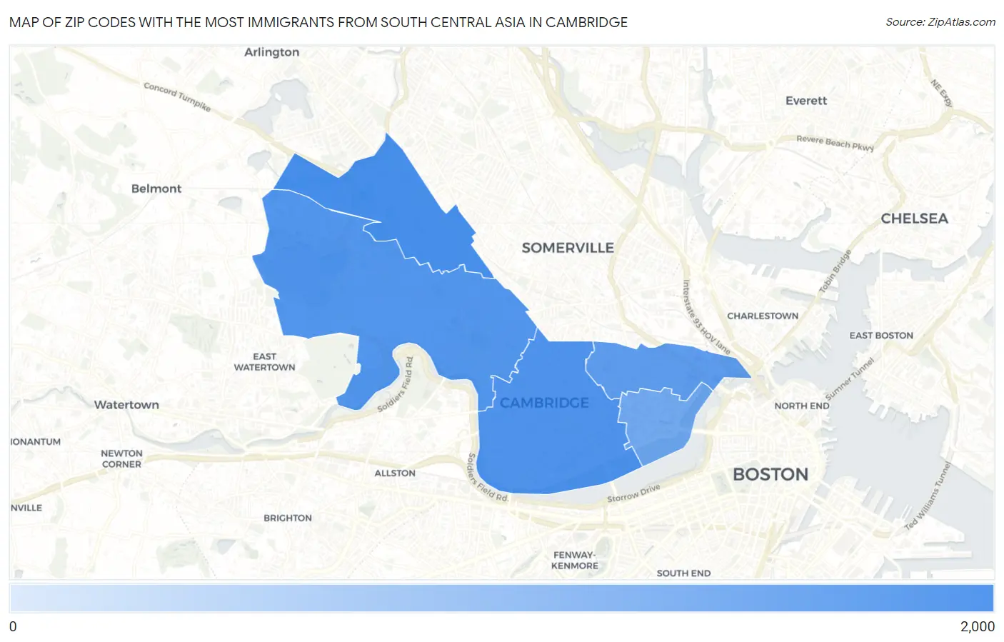Zip Codes with the Most Immigrants from South Central Asia in Cambridge Map