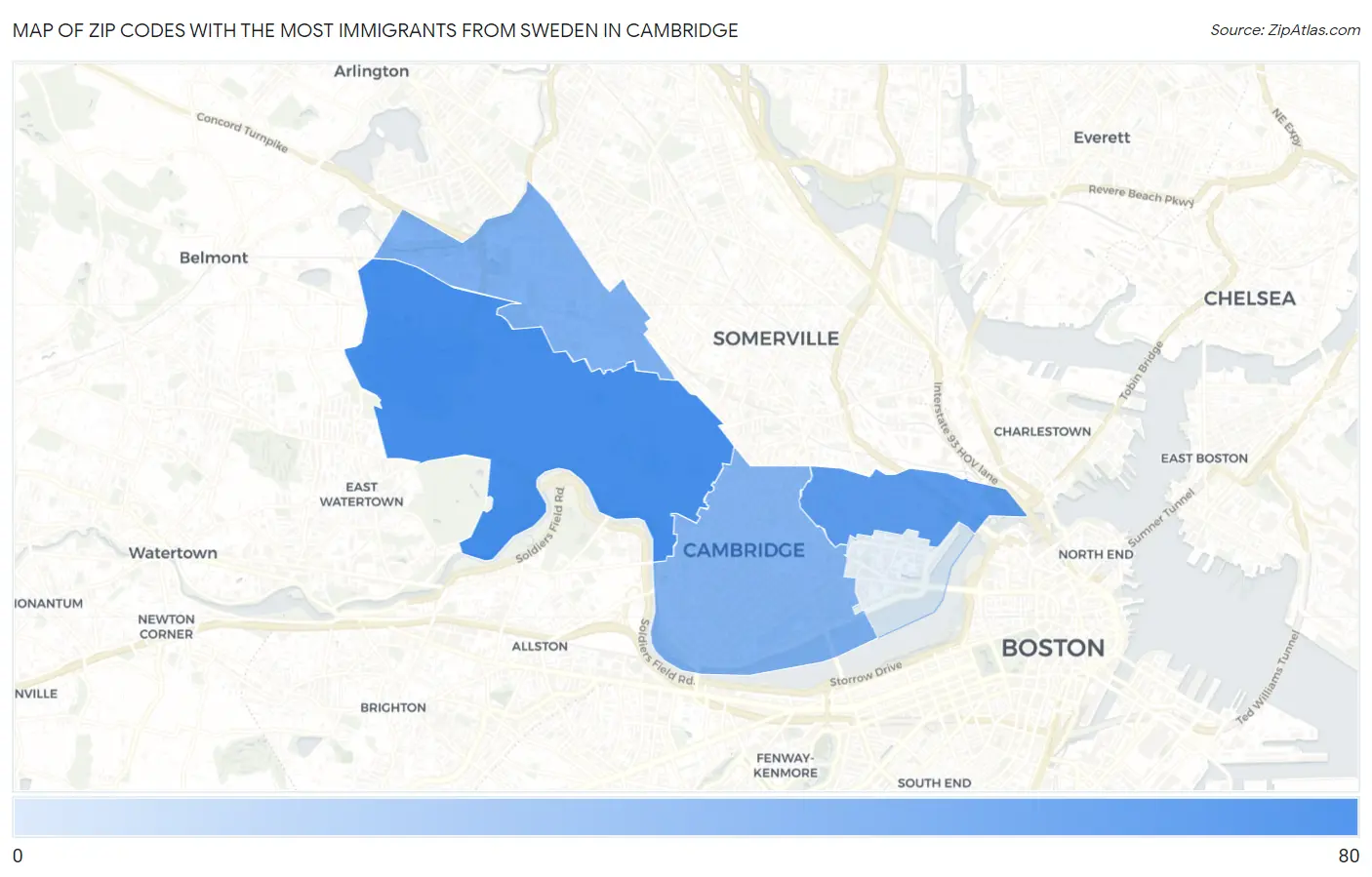 Zip Codes with the Most Immigrants from Sweden in Cambridge Map