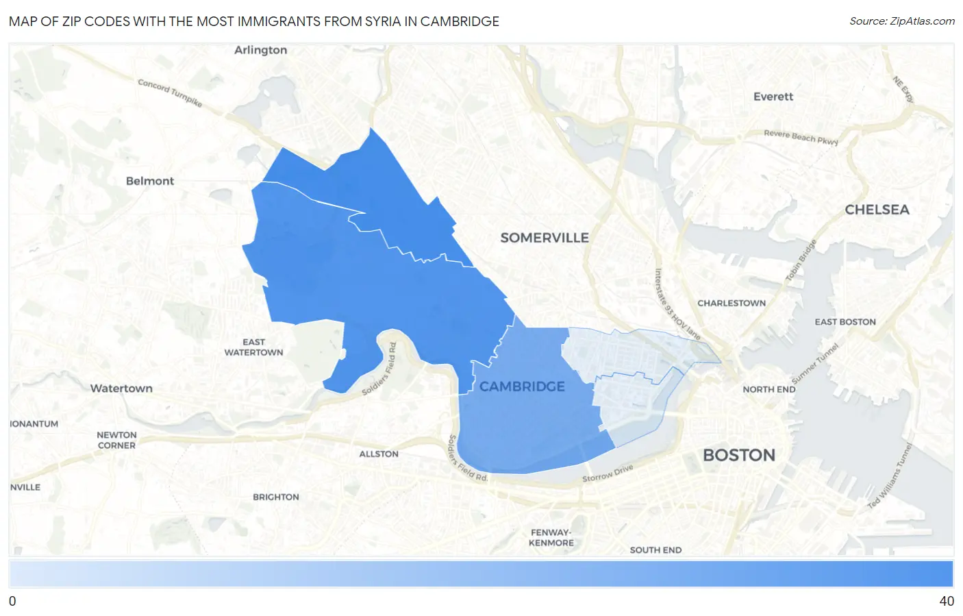 Zip Codes with the Most Immigrants from Syria in Cambridge Map