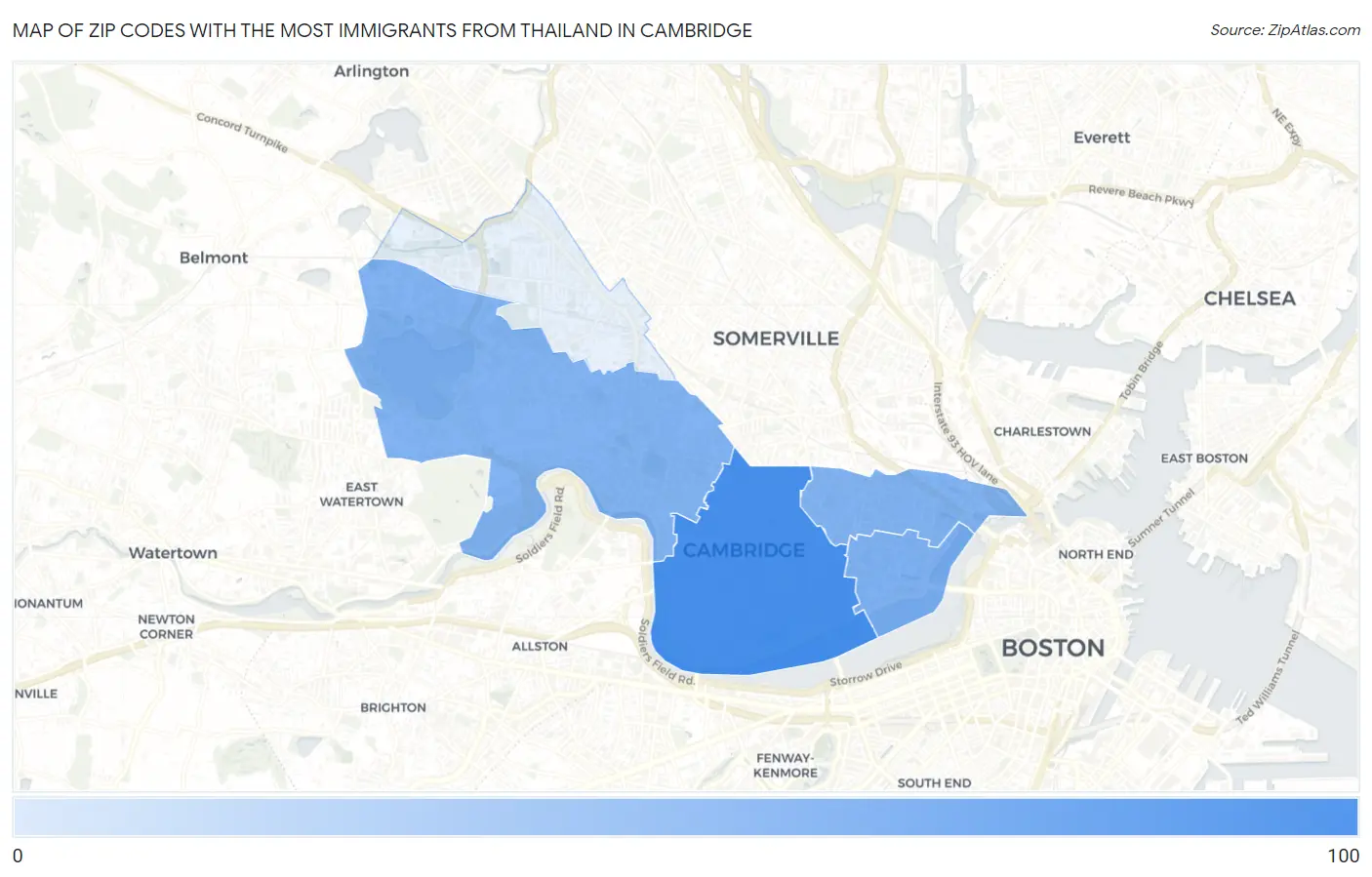 Zip Codes with the Most Immigrants from Thailand in Cambridge Map