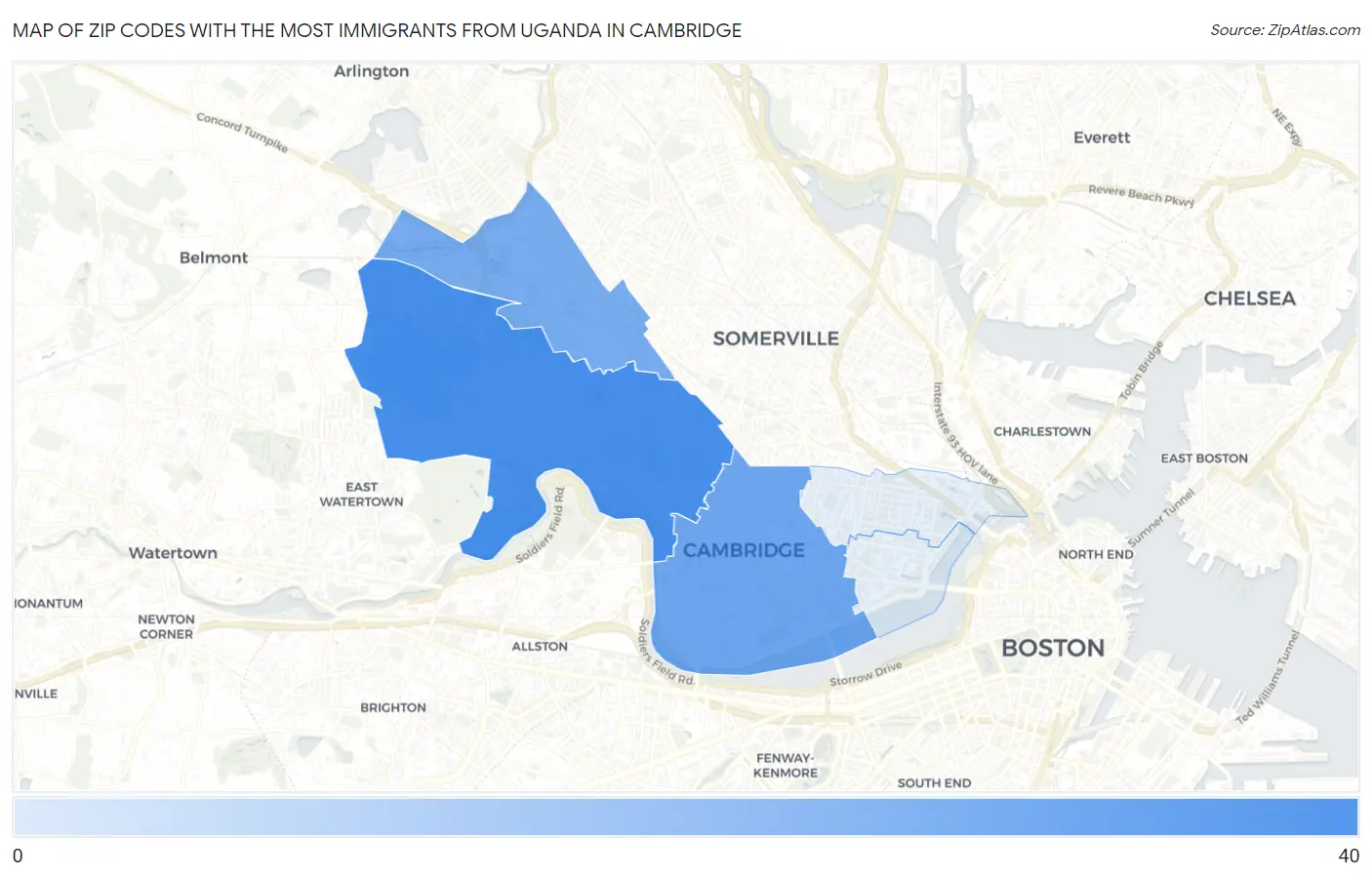 Zip Codes with the Most Immigrants from Uganda in Cambridge Map