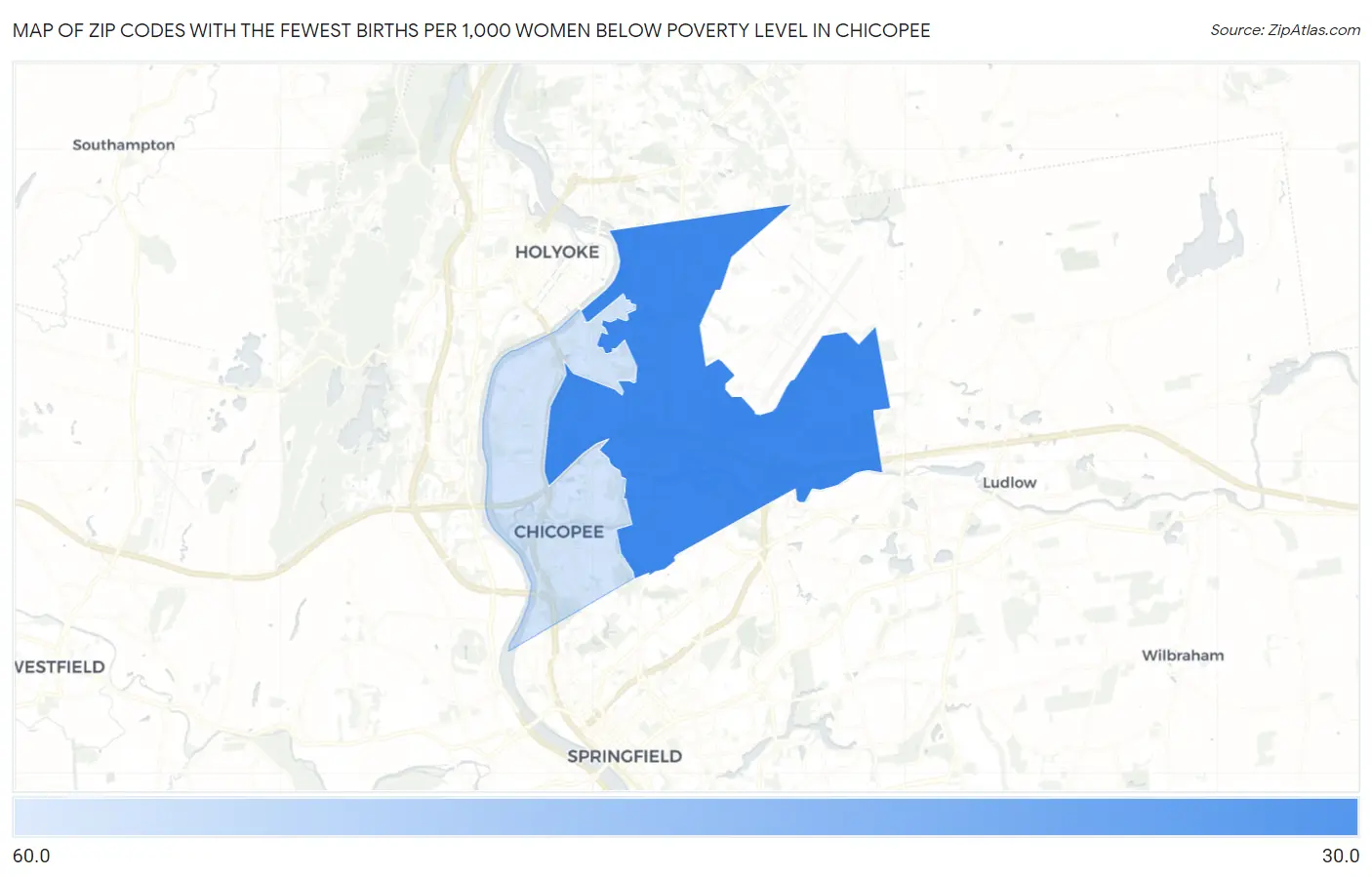 Zip Codes with the Fewest Births per 1,000 Women Below Poverty Level in Chicopee Map