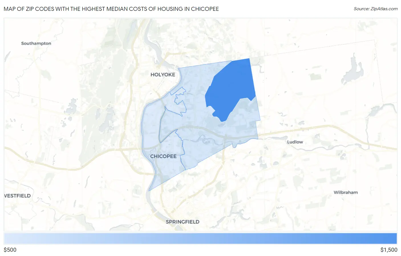 Zip Codes with the Highest Median Costs of Housing in Chicopee Map