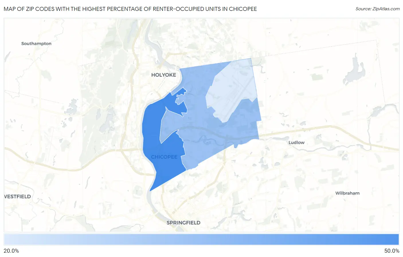 Zip Codes with the Highest Percentage of Renter-Occupied Units in Chicopee Map
