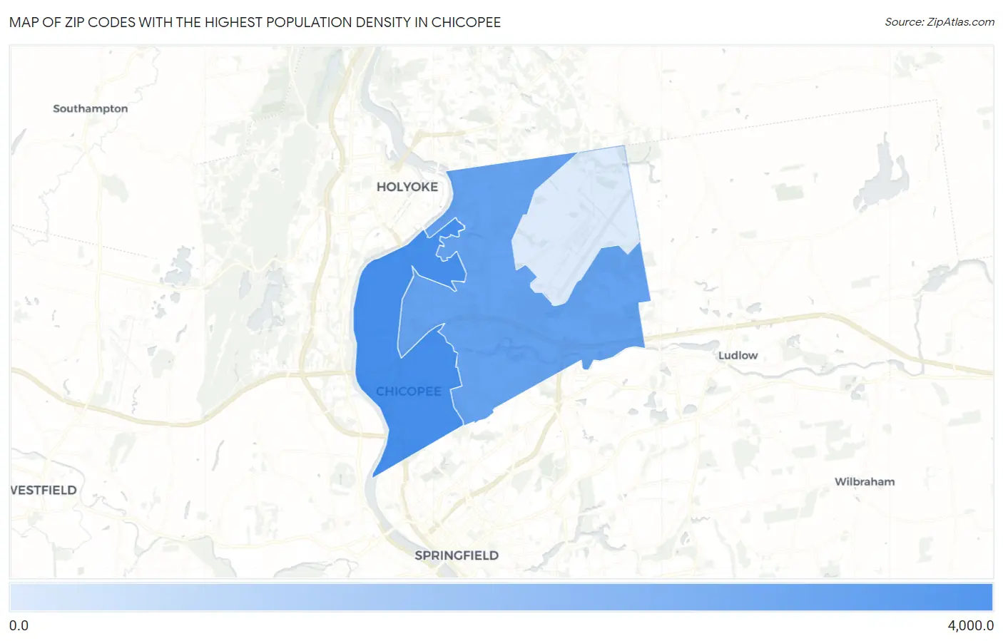 Zip Codes with the Highest Population Density in Chicopee Map