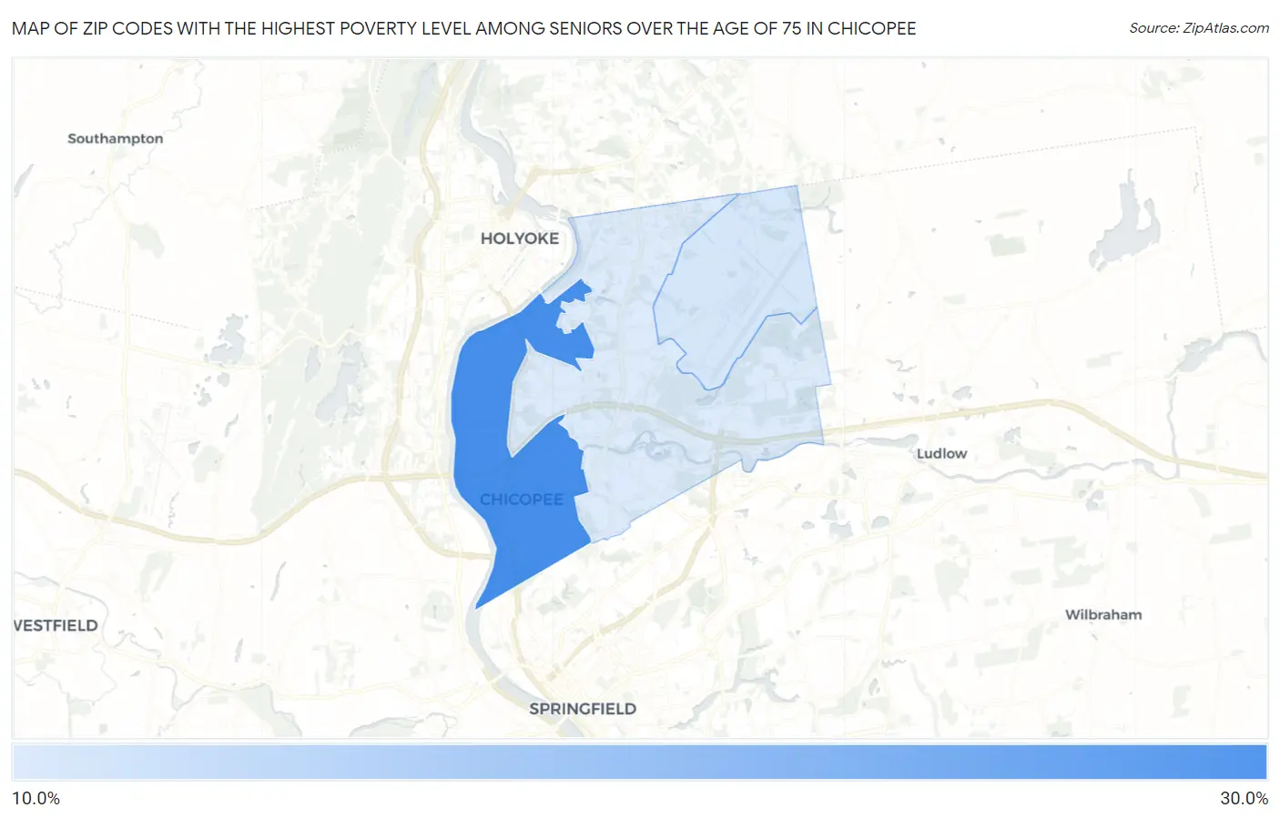 Zip Codes with the Highest Poverty Level Among Seniors Over the Age of 75 in Chicopee Map