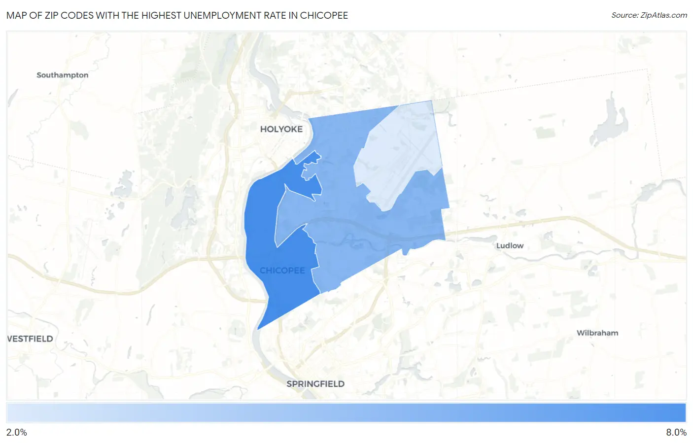 Zip Codes with the Highest Unemployment Rate in Chicopee Map