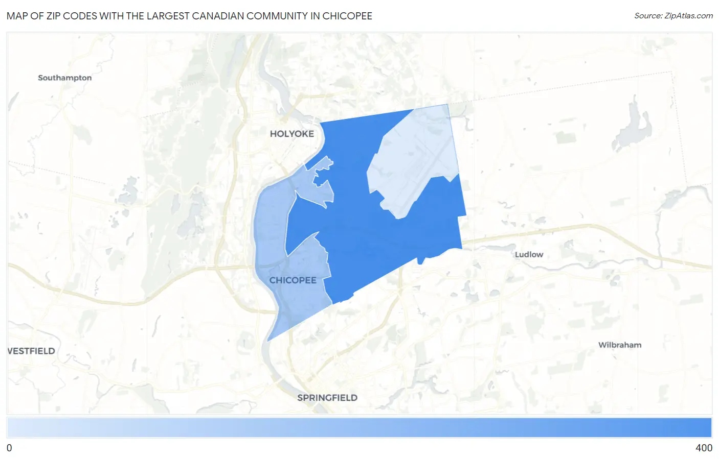 Zip Codes with the Largest Canadian Community in Chicopee Map