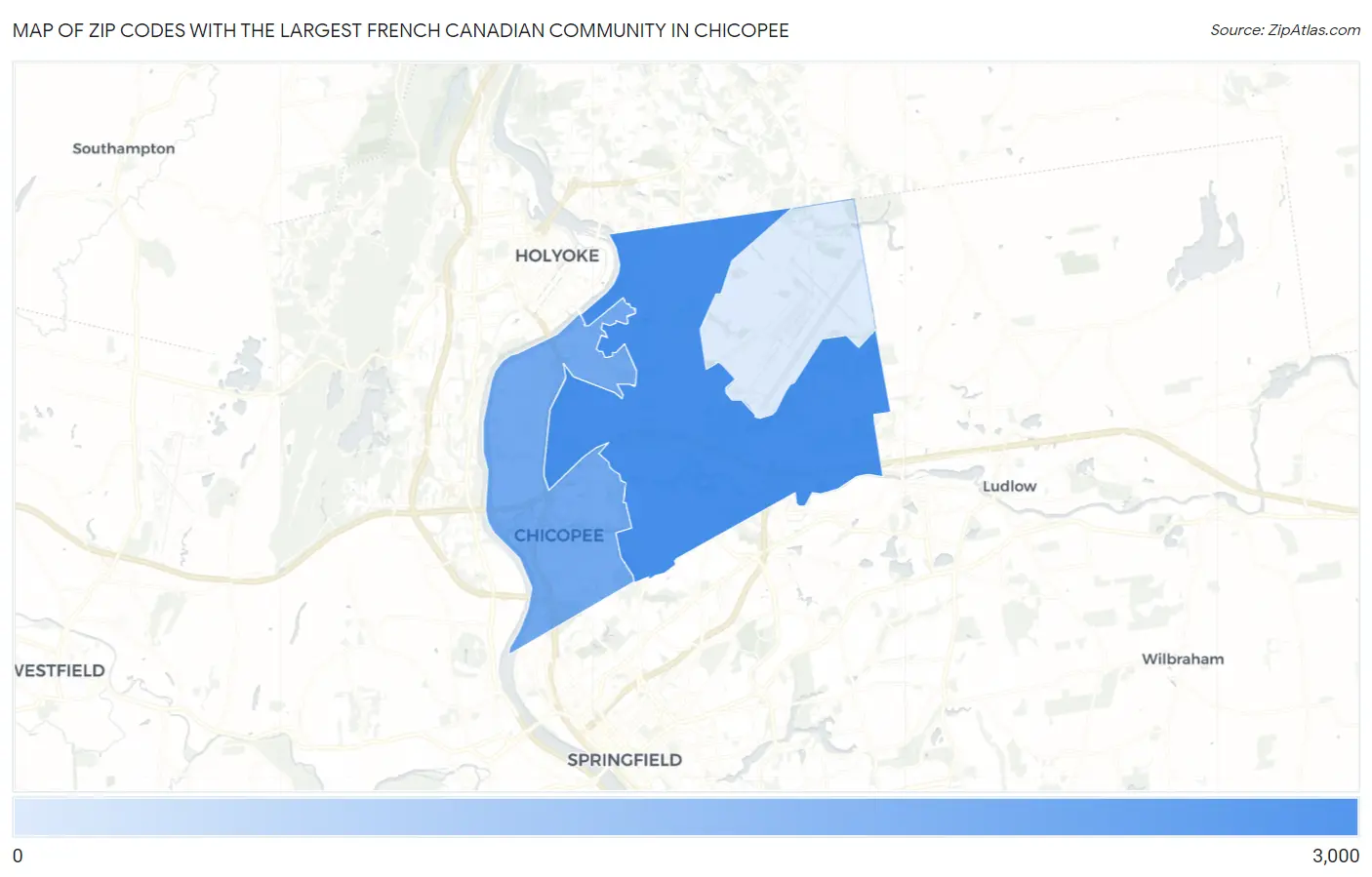 Zip Codes with the Largest French Canadian Community in Chicopee Map
