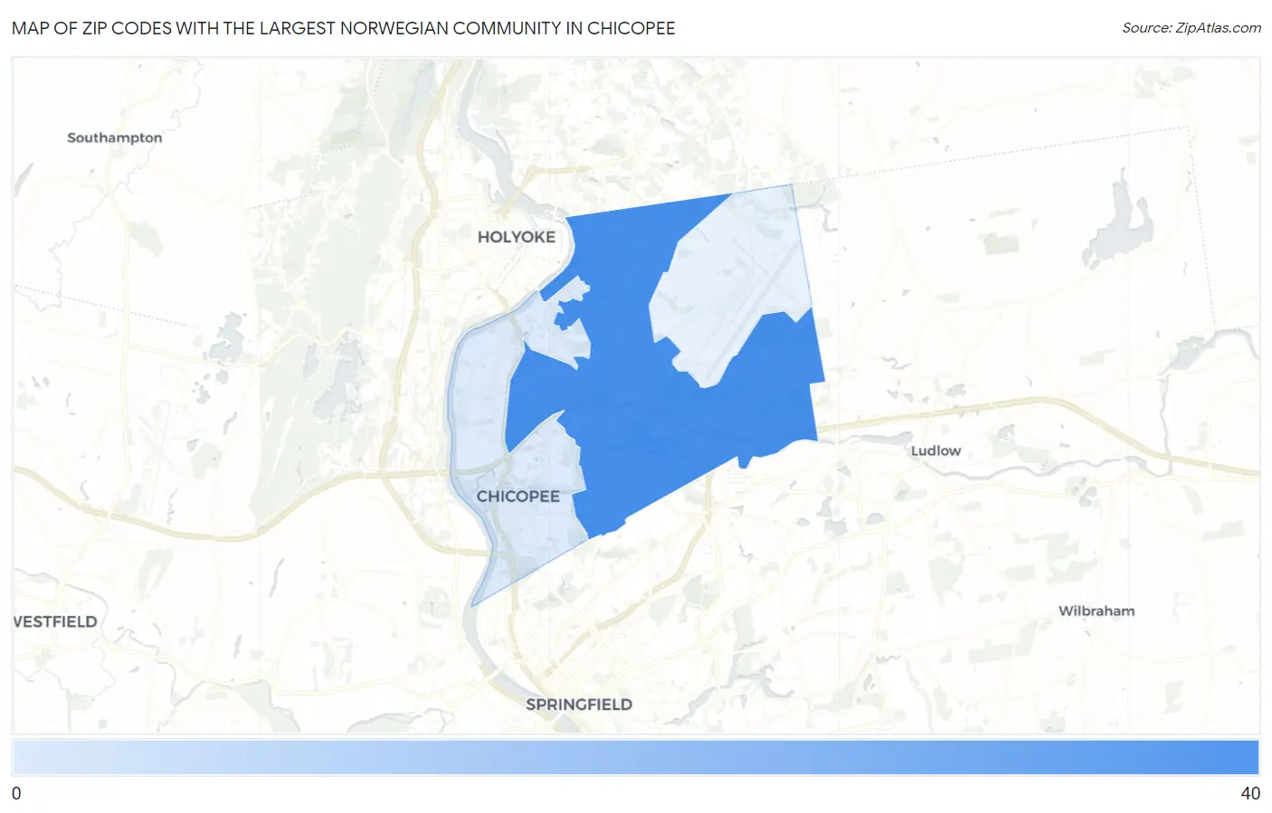 Zip Codes with the Largest Norwegian Community in Chicopee Map