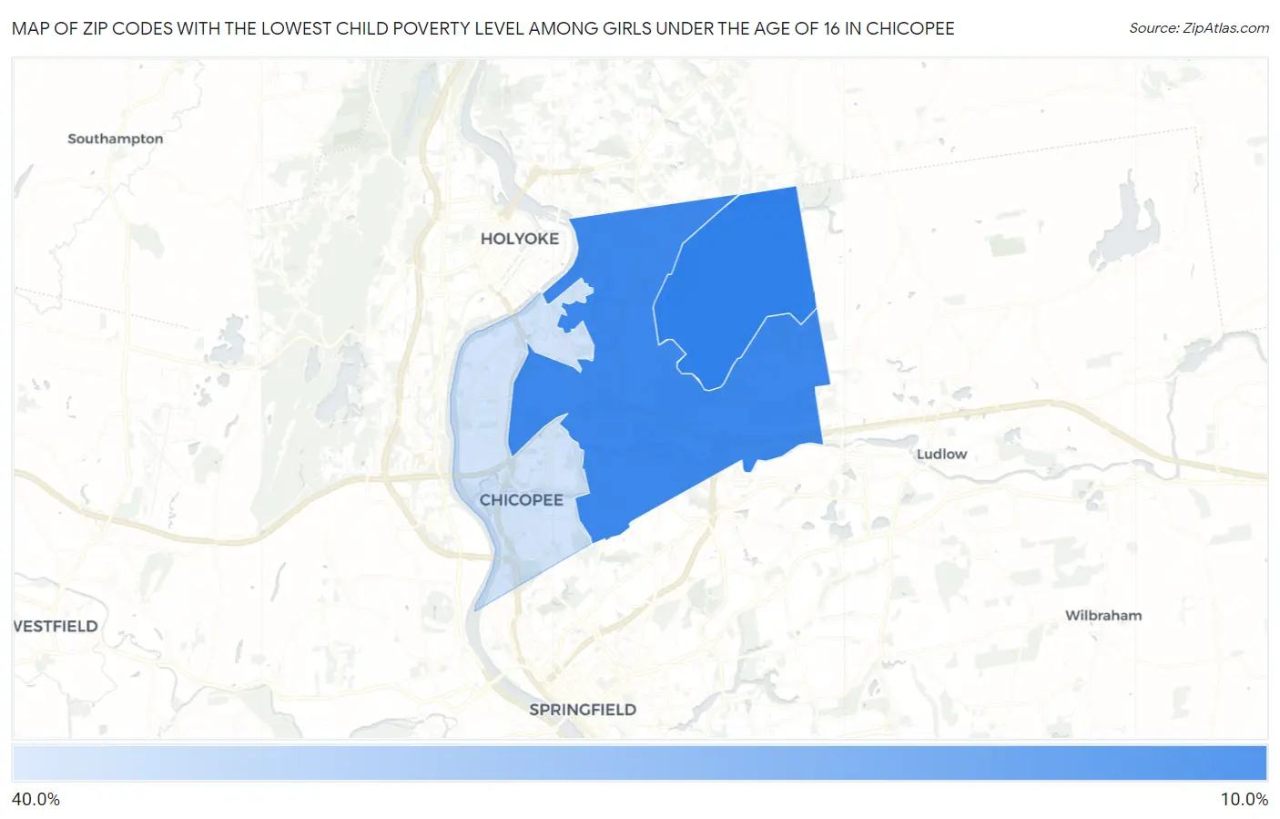 Zip Codes with the Lowest Child Poverty Level Among Girls Under the Age of 16 in Chicopee Map