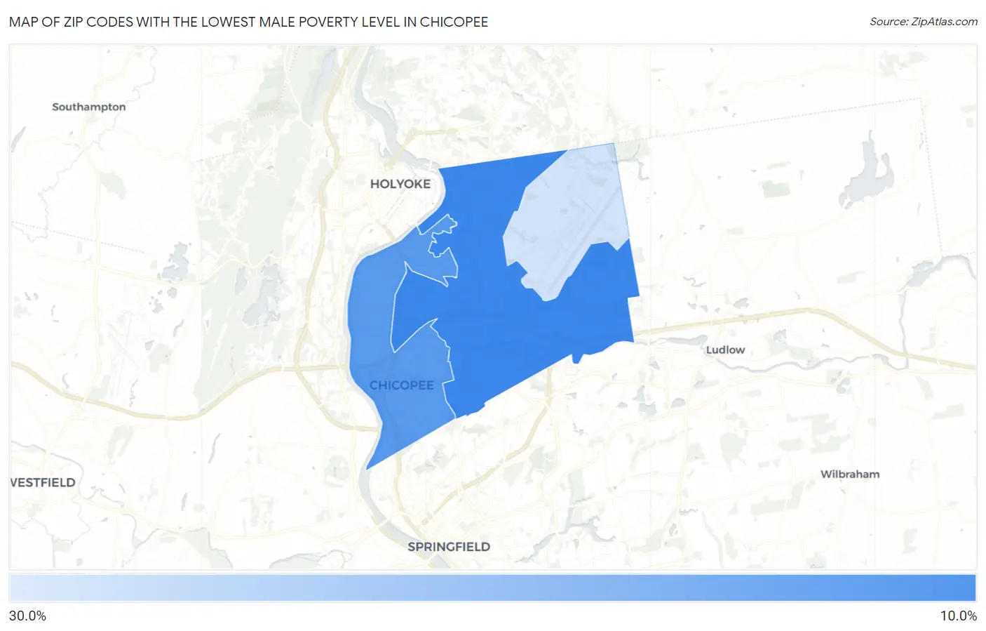 Zip Codes with the Lowest Male Poverty Level in Chicopee Map