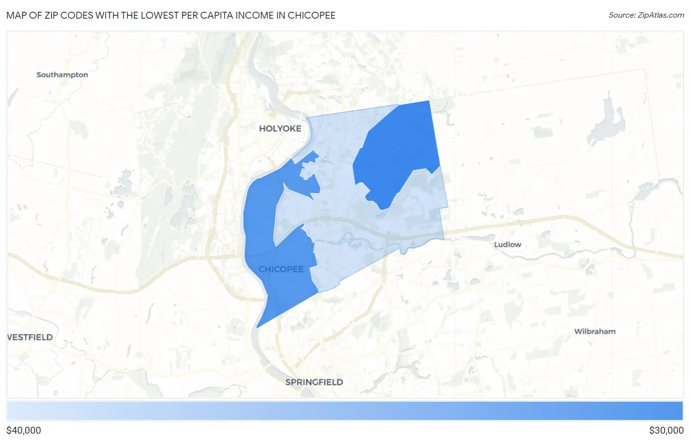 Zip Codes with the Lowest Per Capita Income in Chicopee Map
