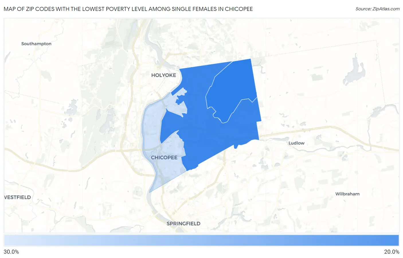 Zip Codes with the Lowest Poverty Level Among Single Females in Chicopee Map