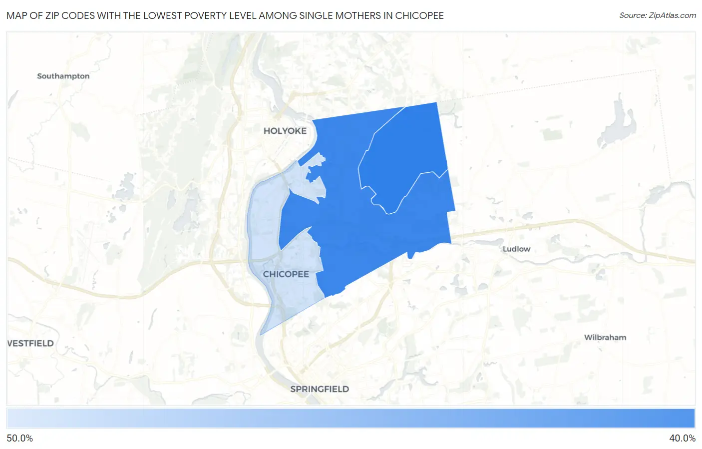 Zip Codes with the Lowest Poverty Level Among Single Mothers in Chicopee Map