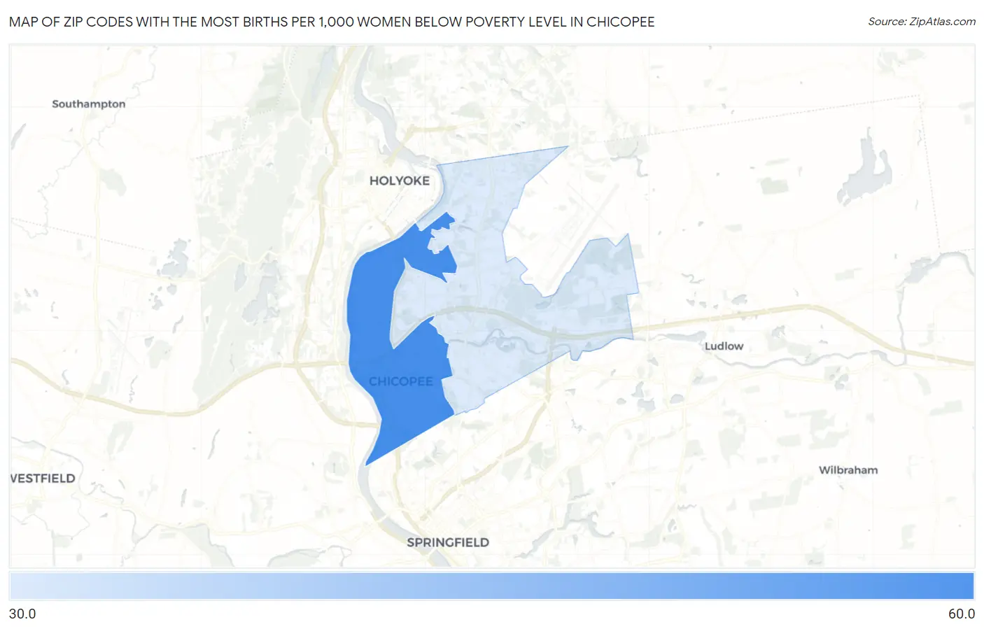 Zip Codes with the Most Births per 1,000 Women Below Poverty Level in Chicopee Map