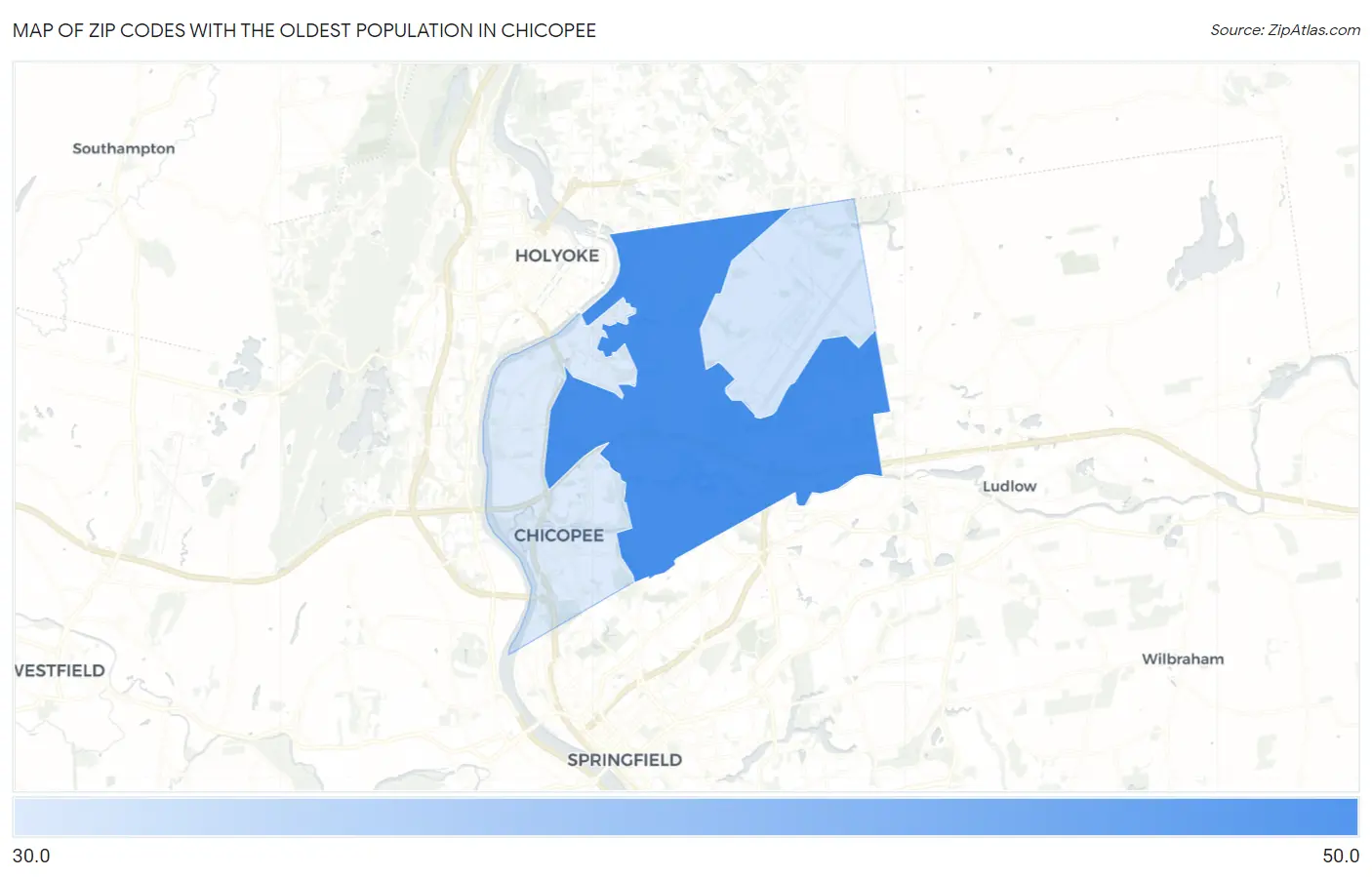 Zip Codes with the Oldest Population in Chicopee Map